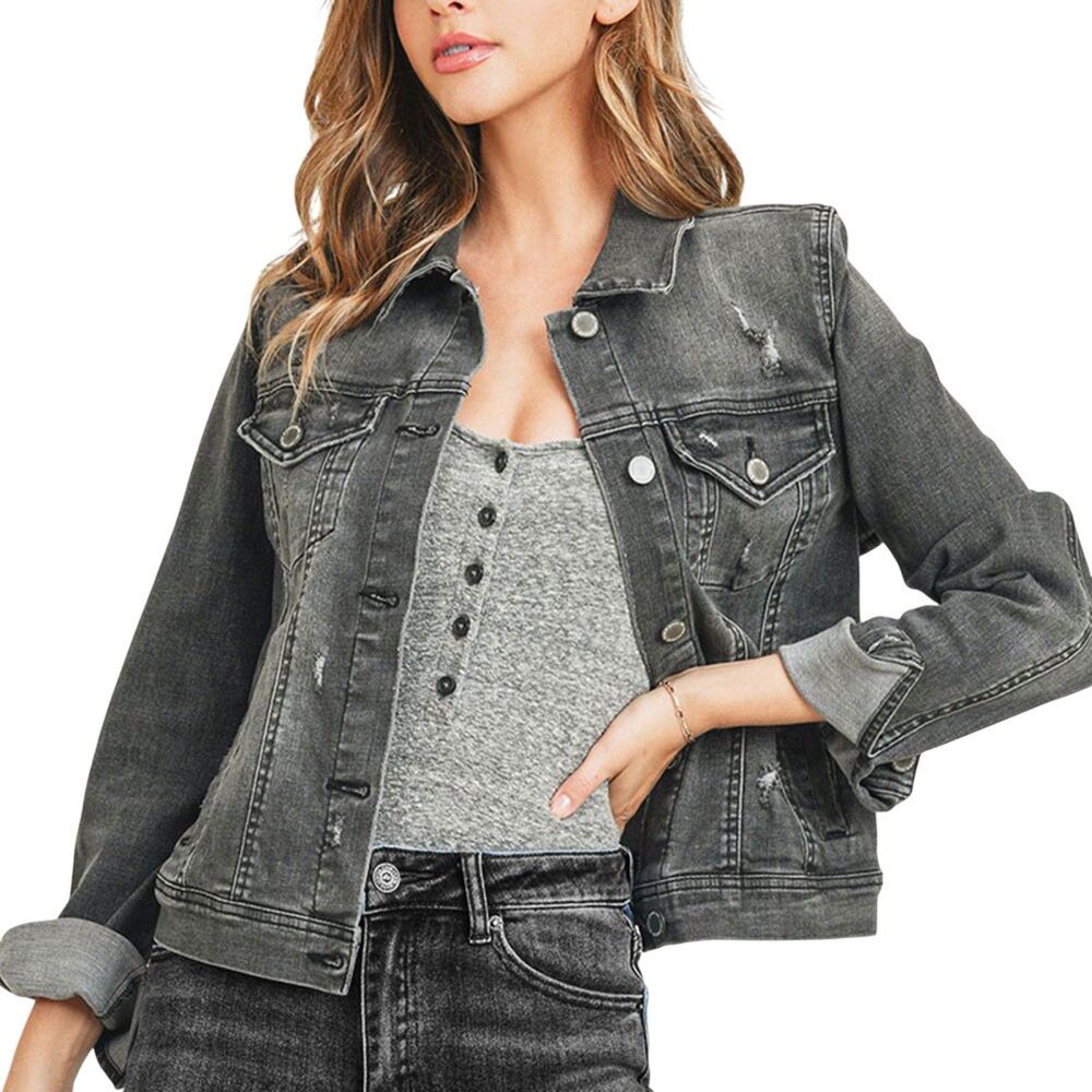 Risen Los Angeles Vintage Washed Distressed Grey Jean Jacket Women Large